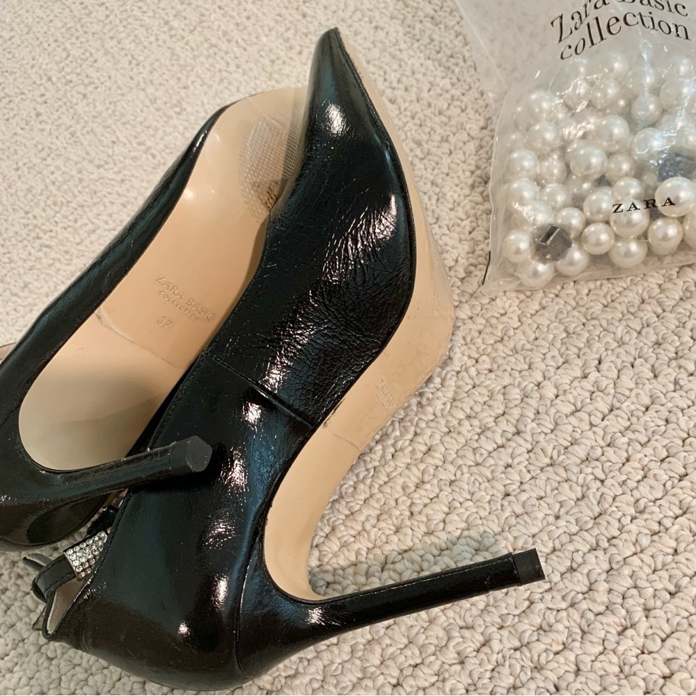 💎 ZARA Black Leather Court Shoes Beaded Ankle Strap Heels - Picture 10 of 13
